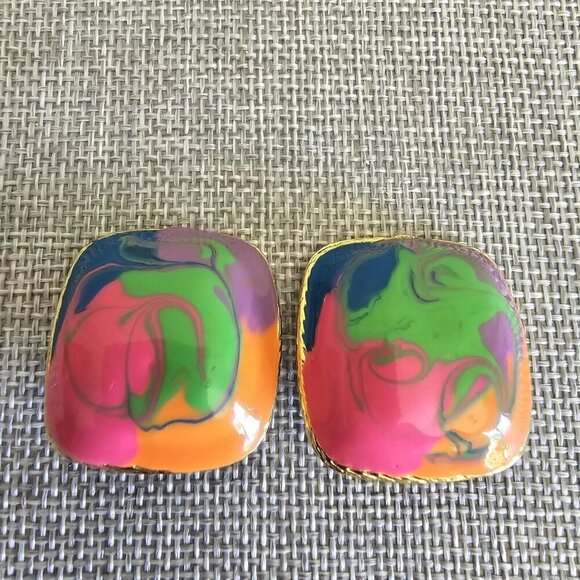 Vintage Earrings Orange Green Art Deco Gold Pink Mid Century  MCM 80 Clip On - Picture 1 of 7